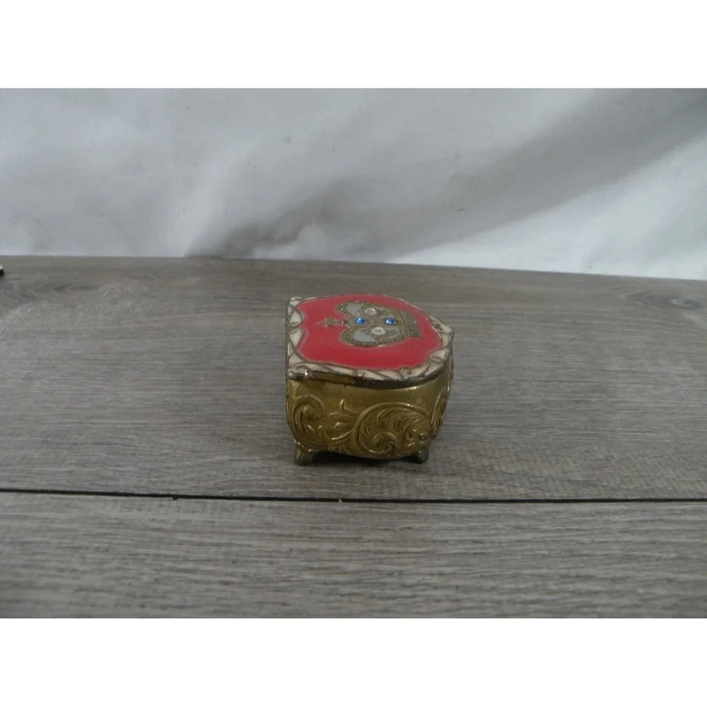 Japan Vintage Footed Trinket Box S Gold Metal Red Velvet Lining